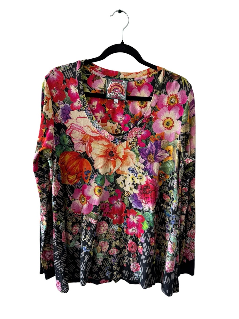 JOHNNY WAS Rosey Rain Boho Artsy Loose Fit V-Neck Knit Swing Tee Top Sz L